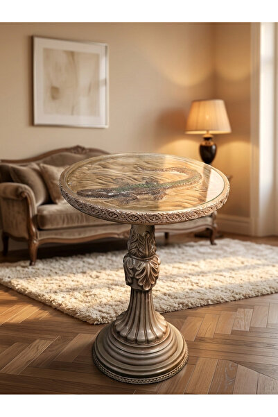 FERBUĞHAN TİMSAH FİGÜRLÜ POLYESTER DÖKÜM 3'LÜ SEHPA SET GÜMÜŞ