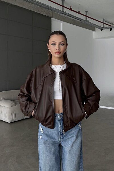 BELİZMOD Beli̇ze Brown Women's Bomber Jacket with Elastic Waist O Oversized D...