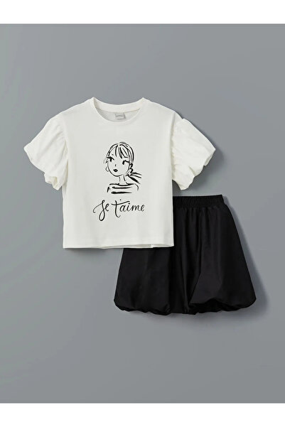 LC Waikiki Tricou și fustă pentru fete LCW Kids Ecru guler rotund