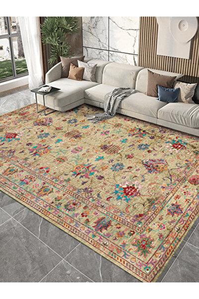 Aybek Home Vintage Desen Dijital Baskı Kaymaz Taban Yıkanabilir Halı Salon Ot...