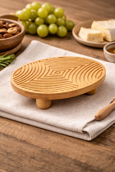 Vadi Bamboo Wooden Presentation Tray with Geometric Patterned Legs