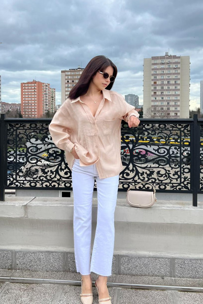 sunfyre Дамска прозрачна блуза с V-образно деколте, модален плат, свободна кр...