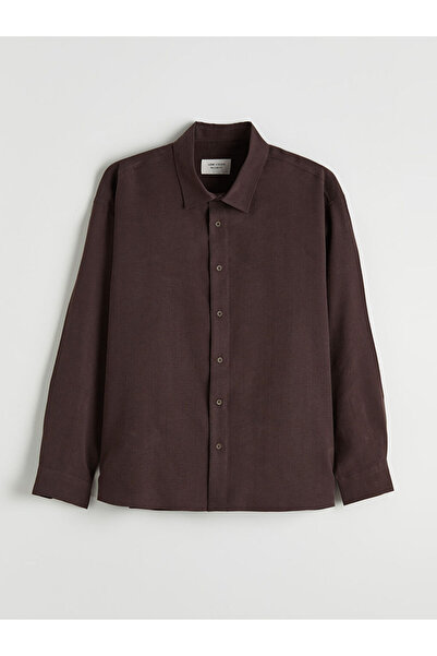 LC Waikiki Ανδρικό πουκάμισο με λινή όψη σε κανονική εφαρμογή καφέ χρώματος α...