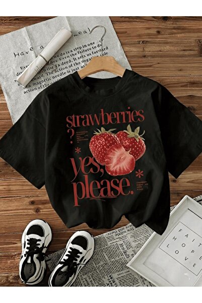 Oksit Vintage Style Strawberry Printed Women's Oversized Cream T-Shirt - Cott...