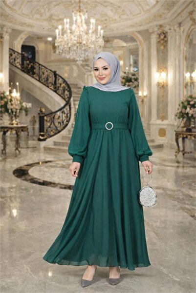 Neşeli Butik Women's Emerald Green Tulle Fabric Belt Detail Plus Size Hijab D...