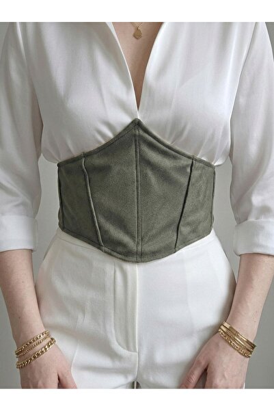 Alessia Yeşil Deri Bel Kemeri - Elbise Üstü Büstiyer Korse - Şık Vintage Kemer
