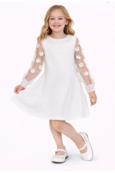 Nacar Çiçek Detaylı Kız Çocuk Elbise 23 Nisan 29 Ekim Gösteri Kıyafeti