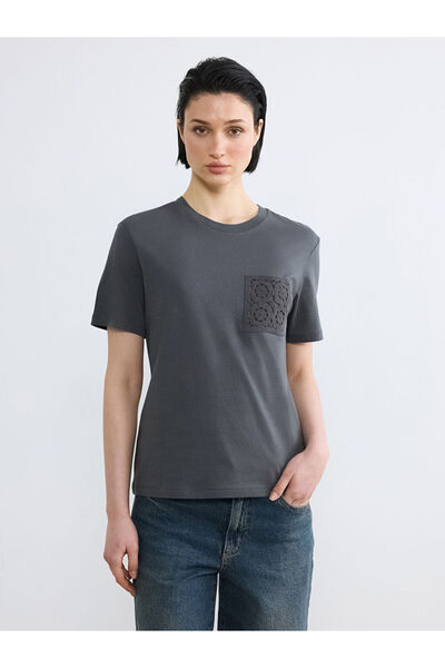 LC Waikiki Anthracite Crew Neck Embroidered Women's T-Shirt