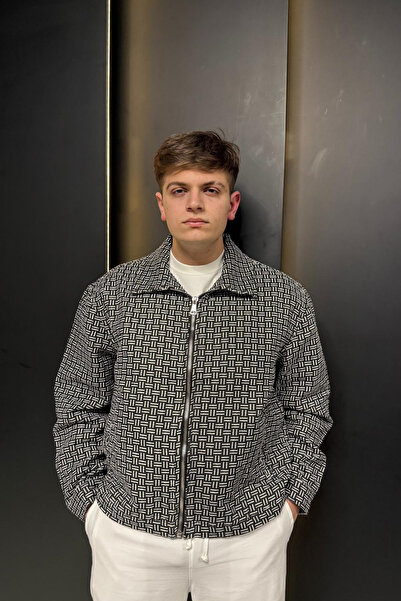 sunfyre Men's Zippered Wool Blend Goose Feet Patterned Short Melton Jacket Su...