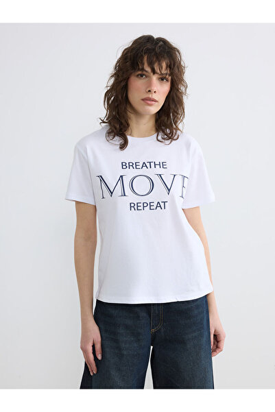 LC Waikiki White Crew Neck Printed Women's Sports T-Shirt