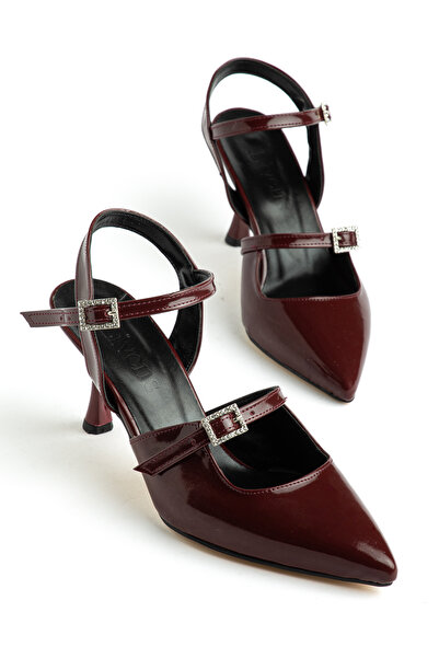 livens Women's Strappy Buckled Heeled Shoes Claret Red Patent Leather