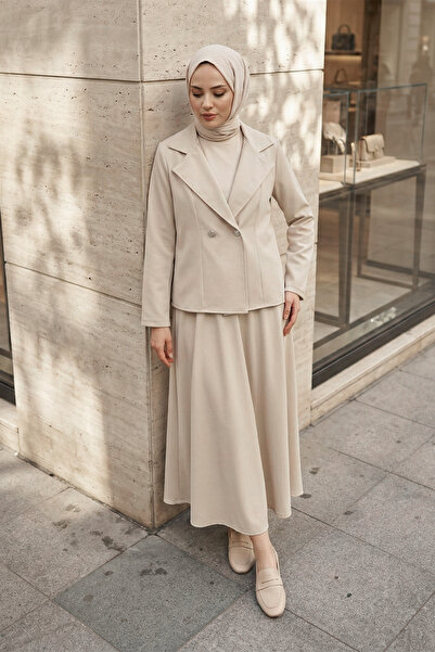 MODAQU Elegant Double-Breasted Blazer Jacket Skirt Double Crepe Set – Beige