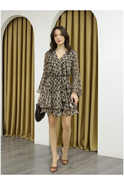 Coral Floral Print Mini Chiffon Dress 39279 Brown