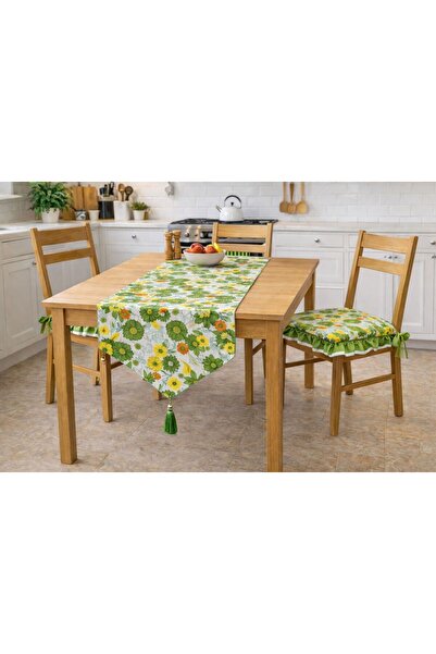 METUZA El Yapımı Yeşil Çiçek Desenli Mutfak Masa Örtüsü ve Runner - Sandalye ...