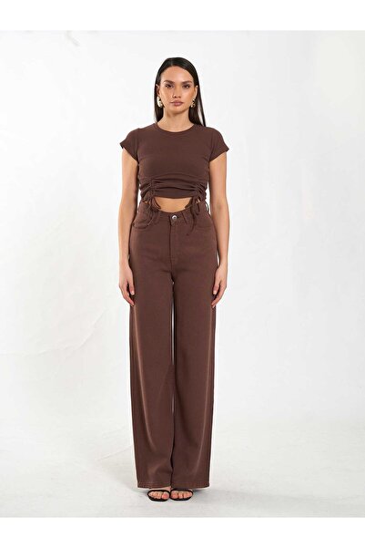 Coral Tencel Straight Leg Trousers 031659 Brown