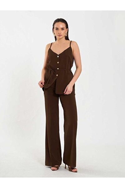 Coral V-Neck Waist-Length Tie-Detail Vest 120743 Brown