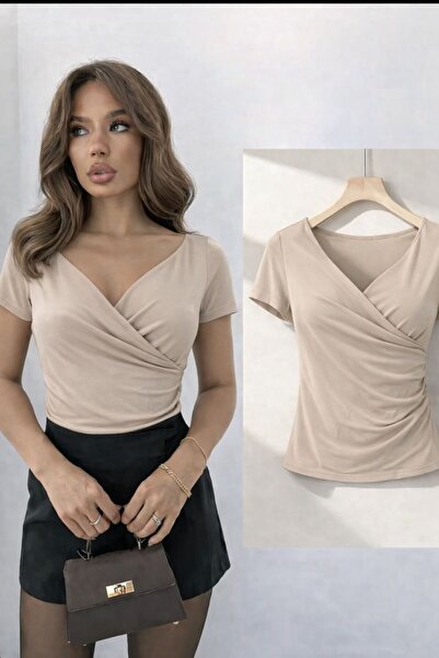 peri tower Bluză cu mânecă scurtă Sandy material elastic pentru femei, cu dec...