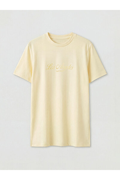 LC Waikiki Κίτρινο γυναικείο μπλουζάκι με λαιμόκοψη Los Angeles με τύπωμα