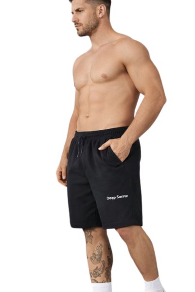 DEEPSENCE Men's Black Above Knee Shorts – 20/150 Regenerated Fabric, Casual Sports Shorts, Elastic Pocketed Men's Shorts