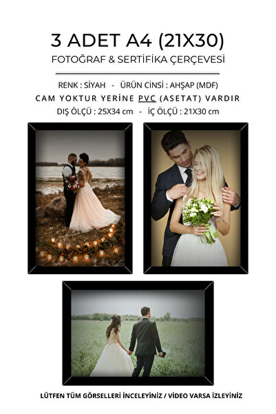 3 A4 Black Frames - 21x30 Diploma and Photo Frame - Certificate Frame