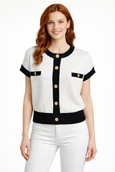 Neden Tekstil Black Striped Gold Buttoned Knitwear Blouse