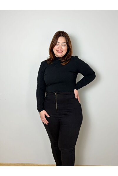 Store Büyükbeden Önden Fermuarlı Ful Likralı Siyah Kot