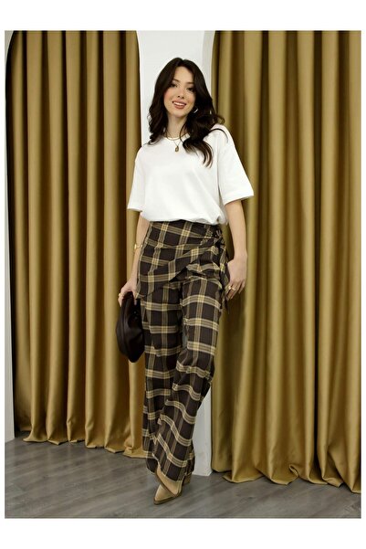 Coral Side-Tie Plaid Piece Trousers 261508 Brown