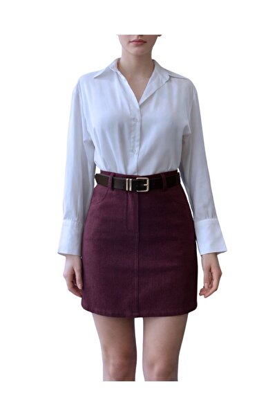 Qualia Butik Kadın Yumuşak Denim Kumaş Kemerli Mini Etek