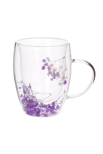 Malooki Double Walled Glass Mug "Goddess" with Natural Purple Dried Flowers –...