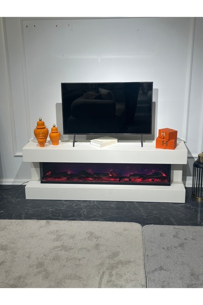 Cozze Mobilya Huma Uzaktan Kumandalı Elektrikli Şömine - Modern Beyaz TV Ünit...