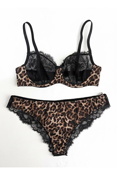 Tendy Pure Underwear Leopar Valeria Saten & Siyah Dantel Balenli Desteksiz Sü...