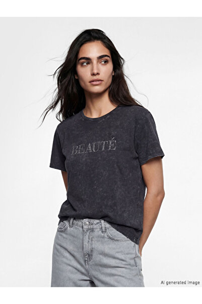 LC Waikiki Γυναικείο μπλουζάκι Anthracite Crew Neck με στάμπα πέτρας