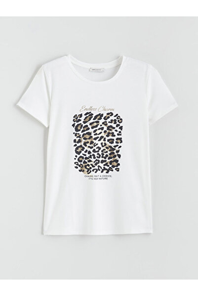 LC Waikiki Ecru Crew Neck Γυναικείο T-Shirt σε συσκευασία Λεοπάρ μοτίβο τεμαχίων