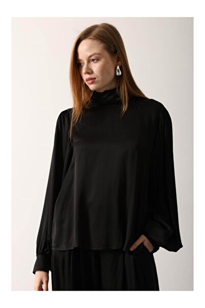 Coral Shawl Detailed Balloon Sleeve Satin Blouse 31357 Black