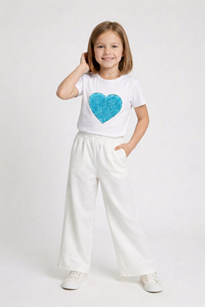 FATELLA T-shirt sa tirkiznim srcem za devojčice, široke bele pantalone, kosti...
