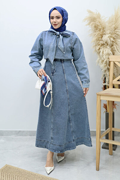 Tesettür Dünyası Yakası Tie-Detail Skirted Denim Suit Tsd260135 Light Blue