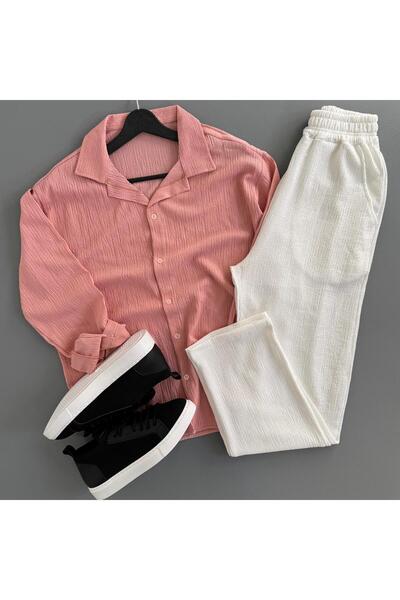 WENMİNG Men's Wrinkled Shirt and Pants Summer Top and Bottom Combination