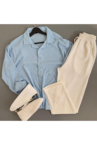 WENMİNG Men's Wrinkled Shirt and Pants Summer Top and Bottom Combination