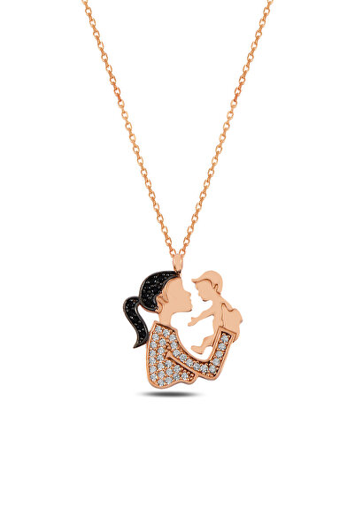 ÇEKİRDEK JEWELRY Anne ve Çocuk Siluet Kolye Rose Renk Zirkon Taşlı Zarif Tasarım
