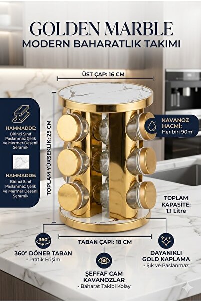 RİVO HOME DECOR Golden Marble 360 °   Rotating Spice Rack Set of 12