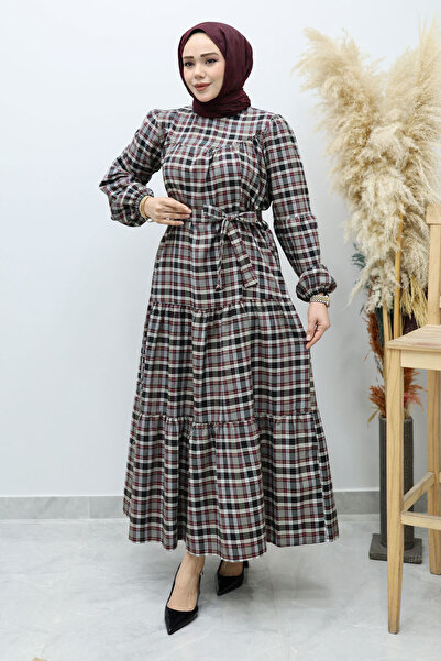 Tesettür Dünyası Robalı Plaid Dress Tsd260134 Gray