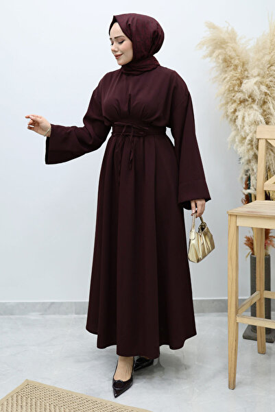 Tesettür Dünyası Waist-Fitted Lace-Up Dress Tsd260136 Claret Red