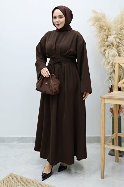 Tesettür Dünyası Waist-Fitted Lace-Up Dress Tsd260136 Bitter Brown