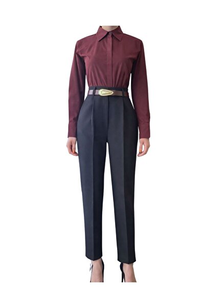 Qualia Butik Women's Belt Pack Pleated Carrot Leg Fabric Trousers