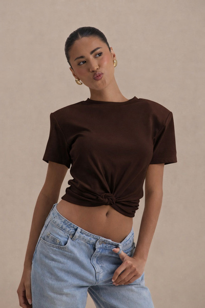 BESTYSO Women's Padded Shoulders Knot Detailed Cropped Blouse