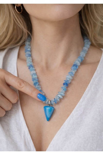 best bioenerji taş terapi Blue Chalcedony Amorphous Cut Natural Stone Necklace