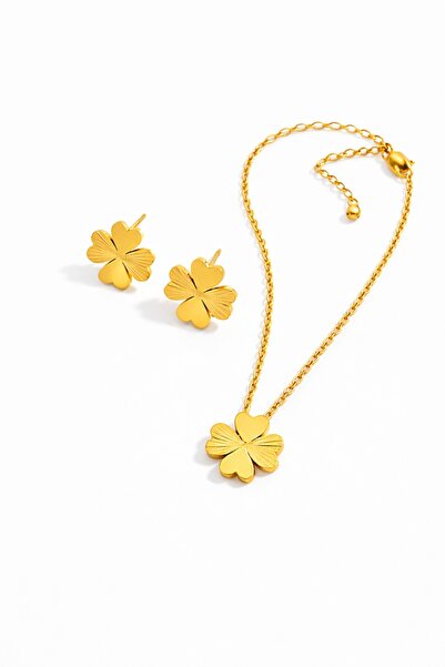 POEM JEWELLERY 18 Ayar Altın Kaplama Yonca Kolye Küpe Seti Paslanmaz Çelik Mi...