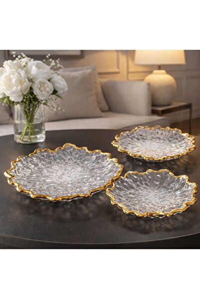 OEM Set of 3 Decorative Glass Plates 20 cm with Gold Rim – Elegant Platter, L...