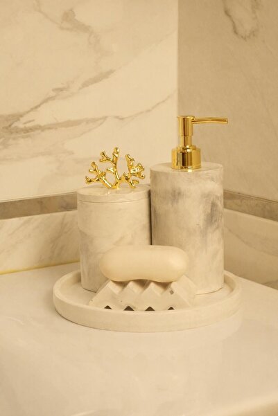 BeeCandleHome Beyaz Mermer Desenli Katı Sabunluk Banyo Seti