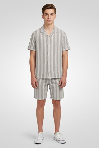 Nautica Jeans Kids Boy 2 Pieces Stripe Casual Shirt And Shorts Set, Grey